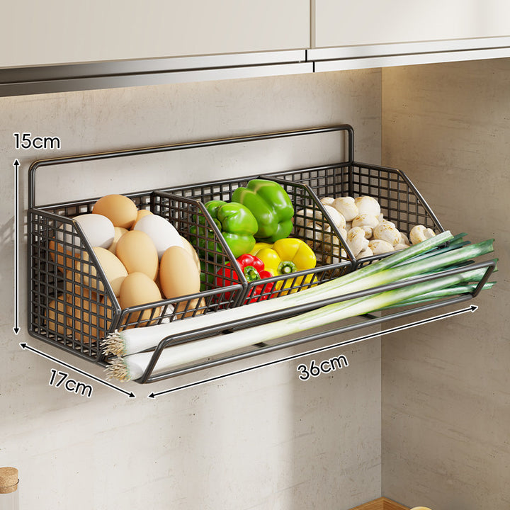 Under-Cabinet Three-Compartment Wire Mesh Kitchen Storage Basket with Front Rail
