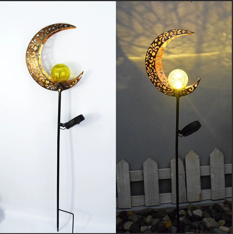 Solar-powered decorative garden stake light with crescent moon fairy lantern
