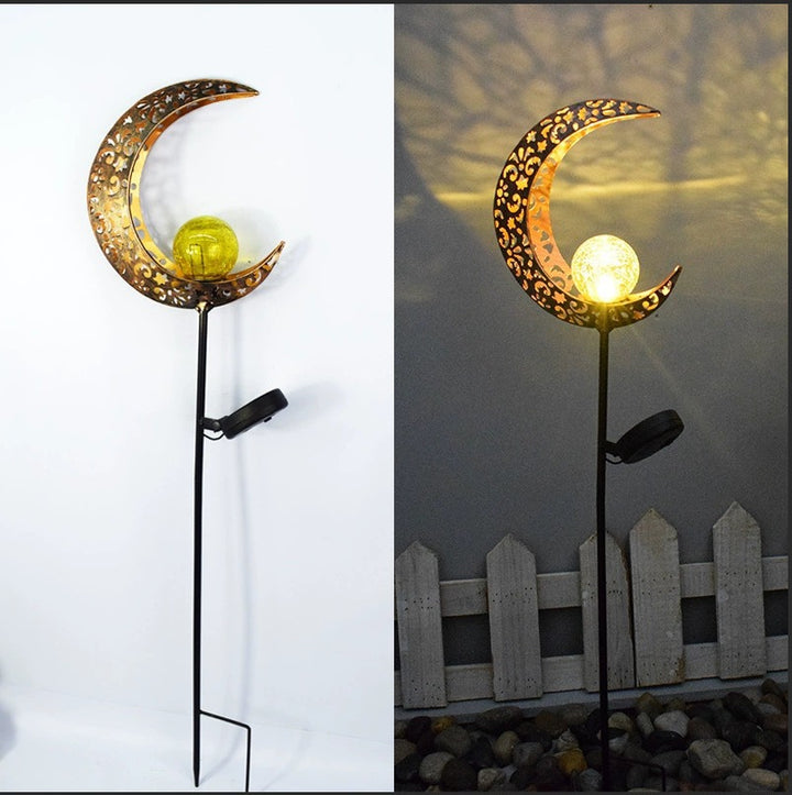 Solar-powered decorative garden stake light with crescent moon fairy lantern