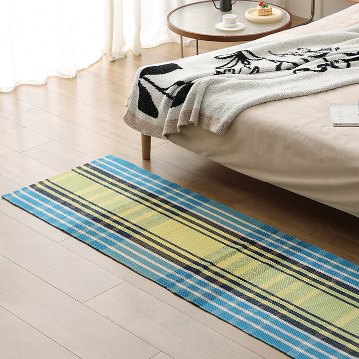Flat woven bed runner and carpet runner with vibrant checked design