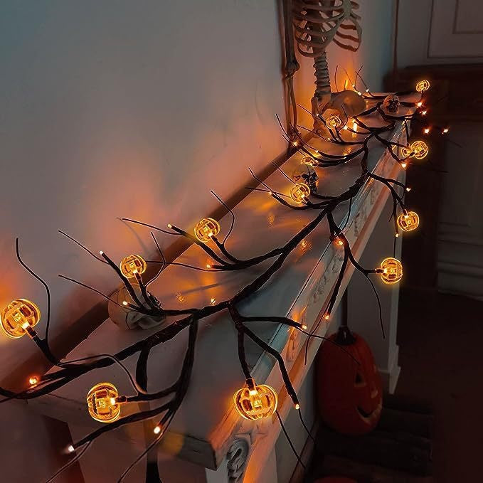 Halloween Branch LED String Lights with Jack-o'-Lantern Micro LED and Bat Silhouettes