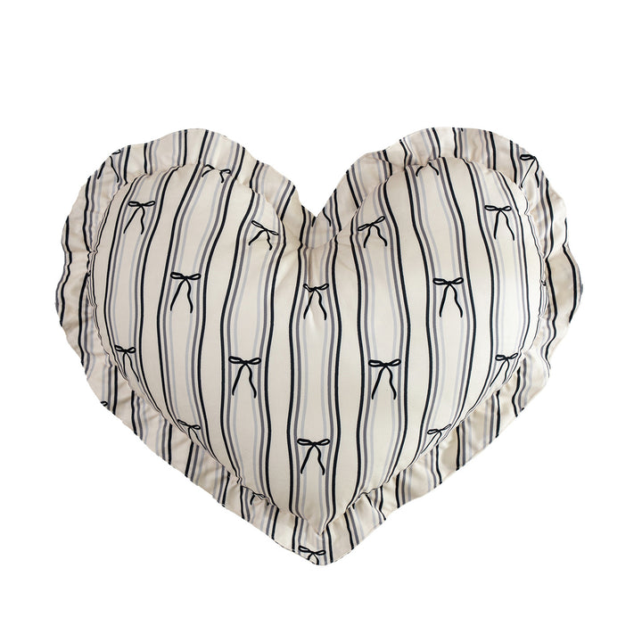 Heart-shaped decorative pillow with ruffled edge and heart pattern