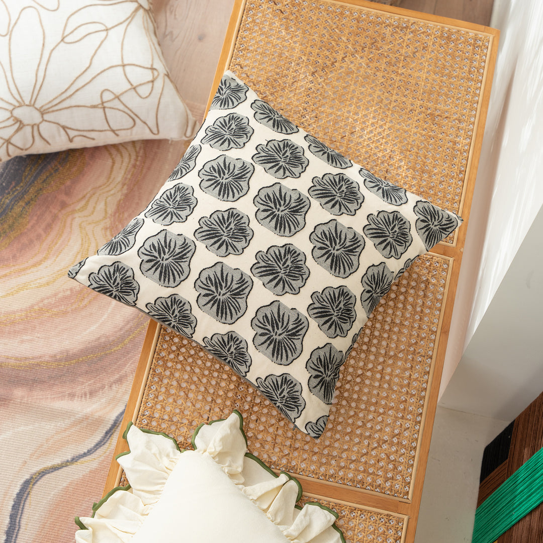 Decorative embroidered cushion cover made of cotton-linen with floral relief pattern