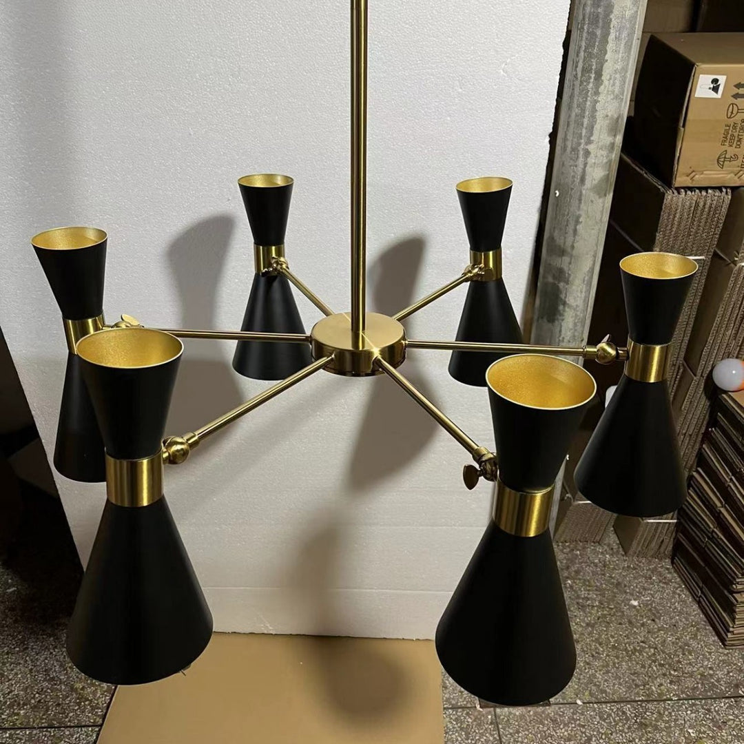 Mid-Century Six-Arm Double Cone Chandelier with Adjustable Swing Shades