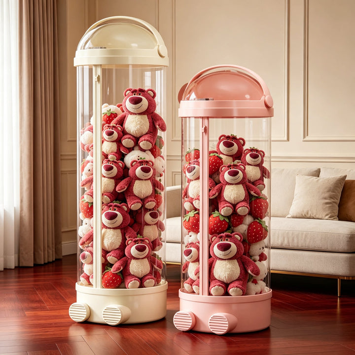 Tall Cylindrical Toy and Plush Storage Organizer with Clear Zip Cover and Rolling Vent Base