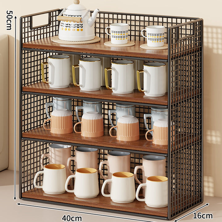 Three-Tier Wire Grid Countertop Display Shelf with Faux-Wood Removable Trays