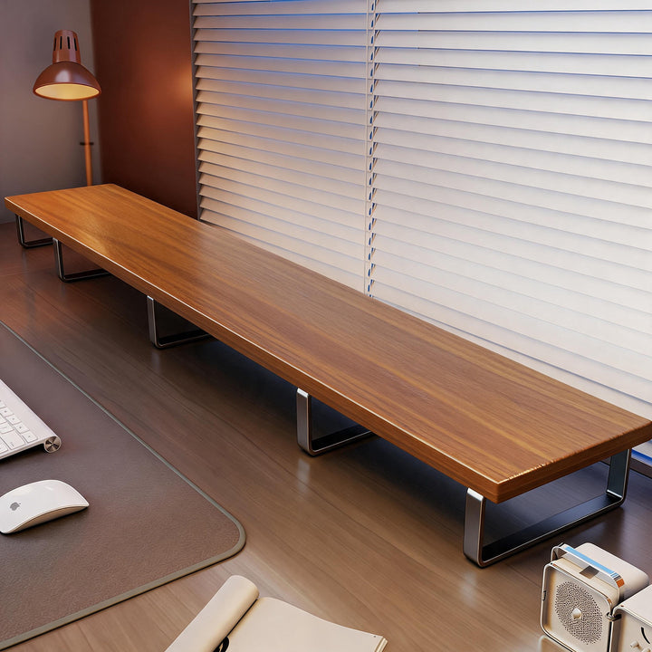 Elevated Wooden Monitor Riser Stand with Metal Bracket Legs and Cable-Friendly Desktop Shelf