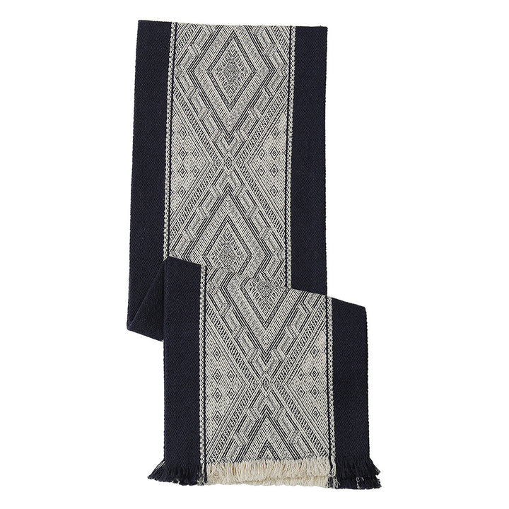 Handwoven table and console runner made of cotton blend fabric with geometric diamond pattern and fringes