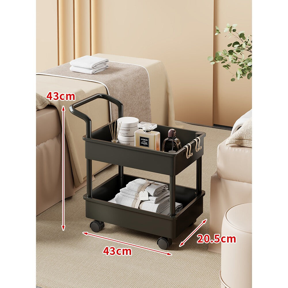 Compact Two-Tier Rolling Storage Cart with Integrated Handle and Accessory Hooks