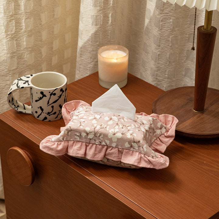 Embroidered fabric tissue box cover with ruffle and concealed zipper