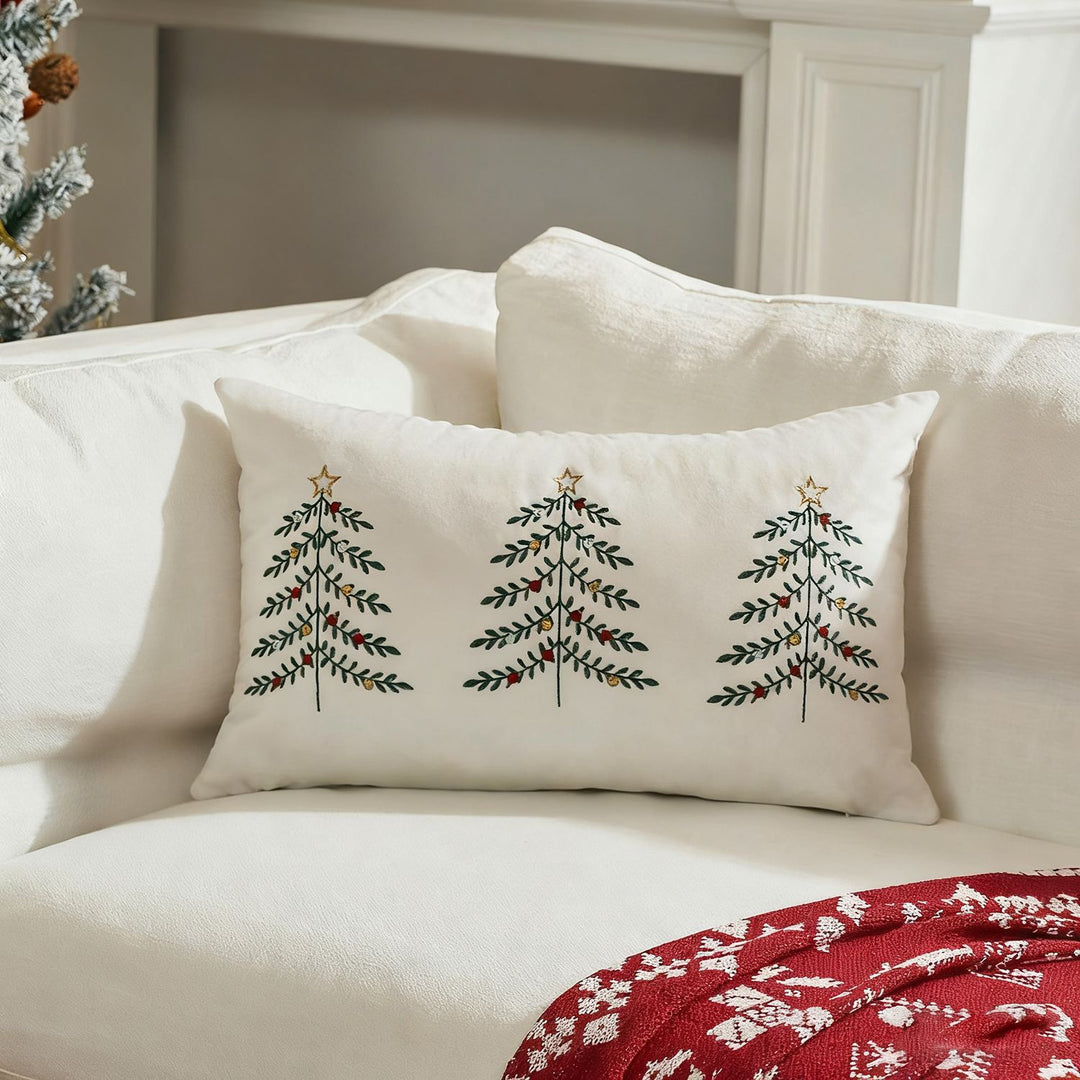 Embroidered Festive Lumbar Throw Pillow Cover with Trio Christmas Tree Motif