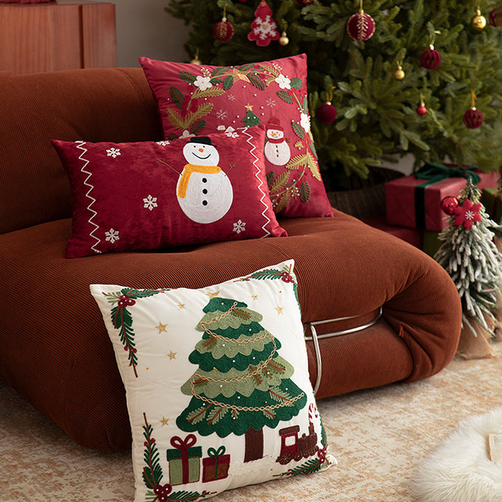 Embroidered Christmas decorative pillow cover with sequins and festive wreath motif
