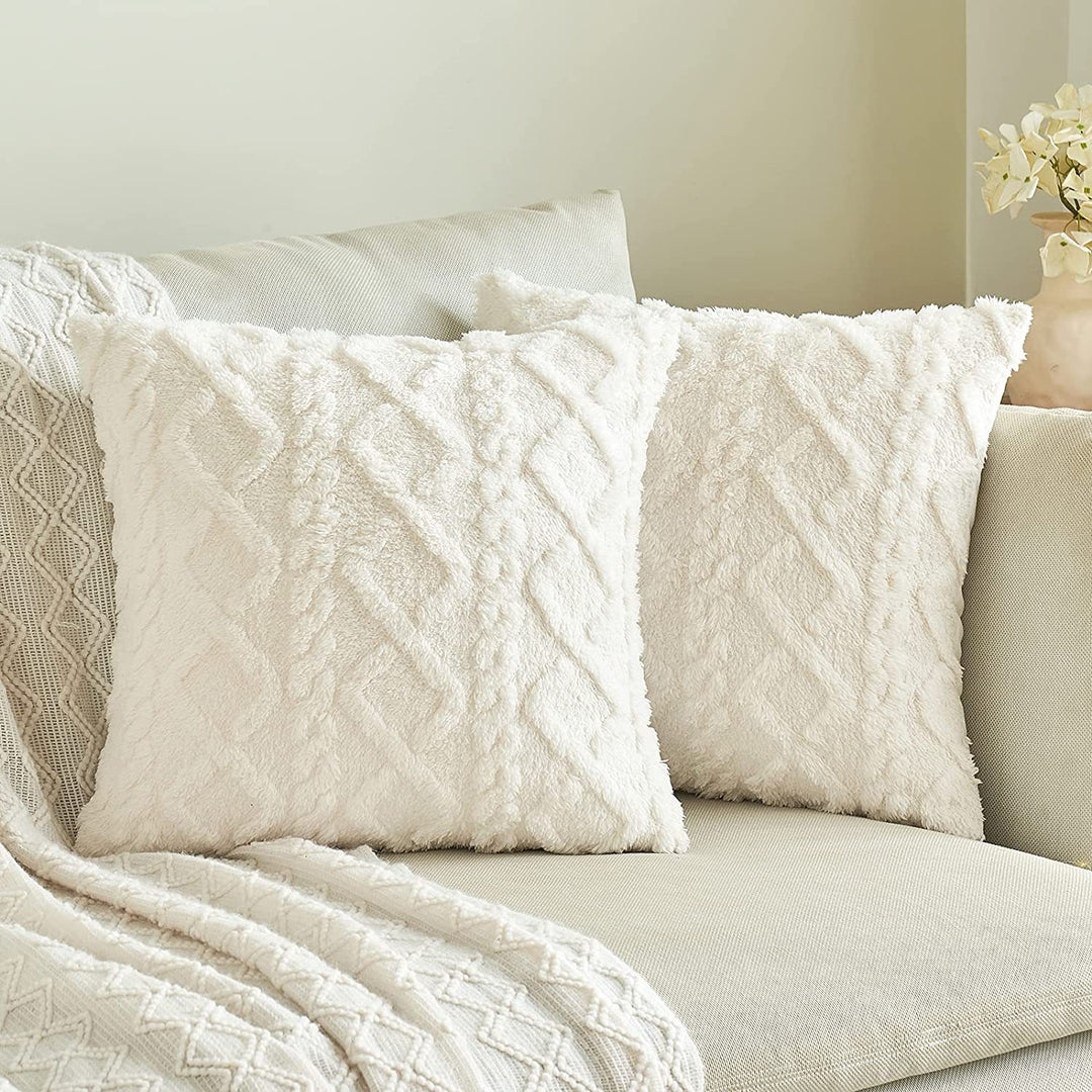 Textured Plush Shag Square Decorative Throw Pillow Cover with Geometric Tufting