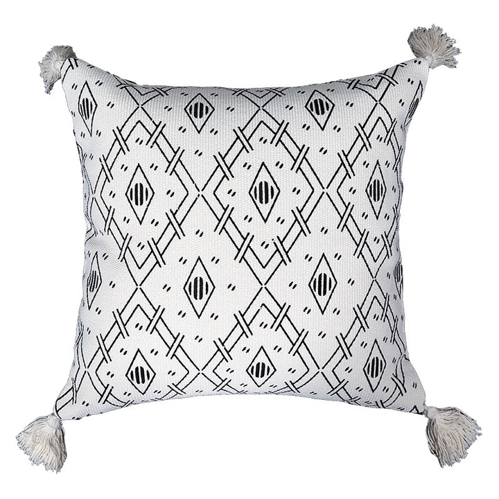 Square decorative cushion cover made of cotton blend with handwoven texture, geometric diamond print, and corner tassels