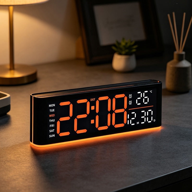 Digital LED alarm clock with temperature and day of week display
