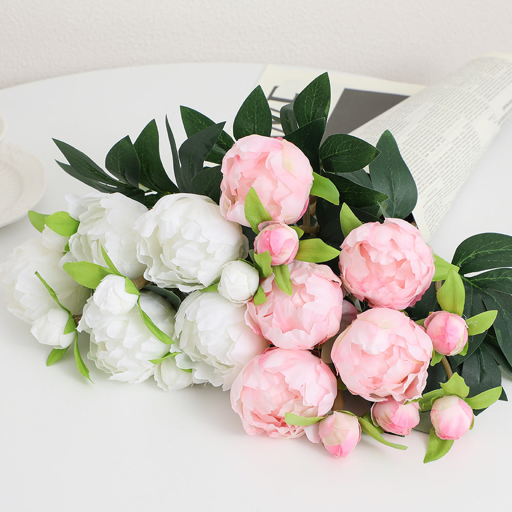 Artificial peony stem with lifelike flowers and leaves