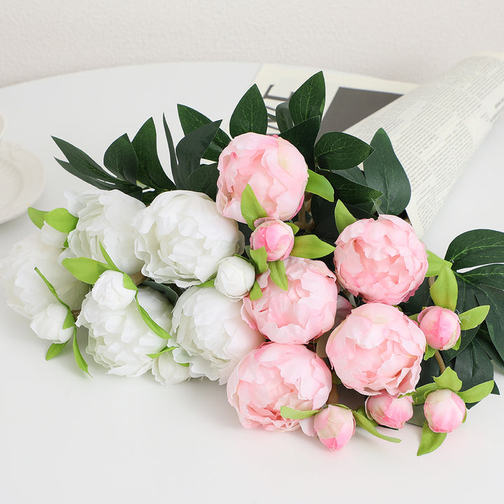 Artificial peony stem with lifelike flowers and leaves
