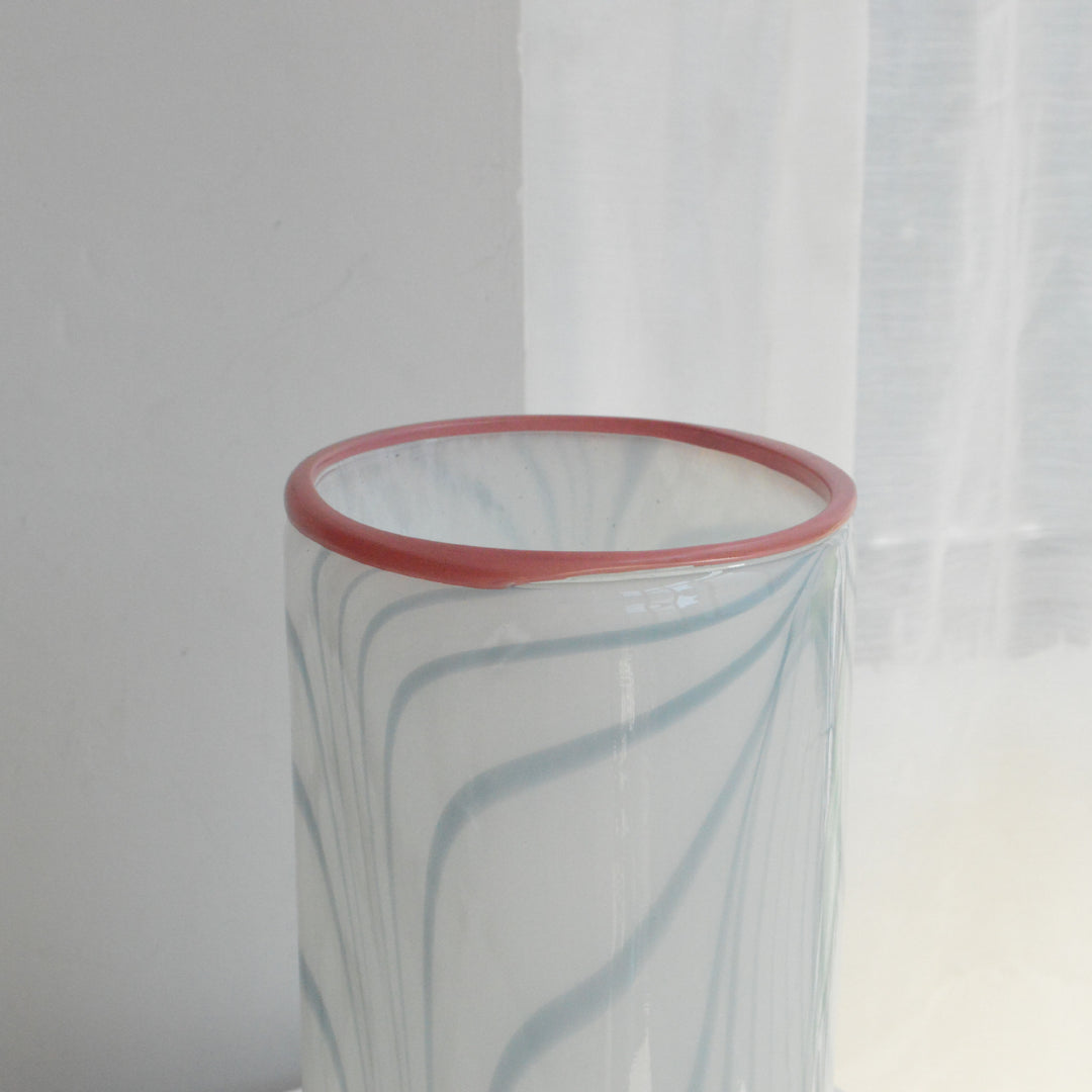 Tall Hand-Blown Pedestal Glass Centerpiece Vase with Swirl Ribbon Pattern