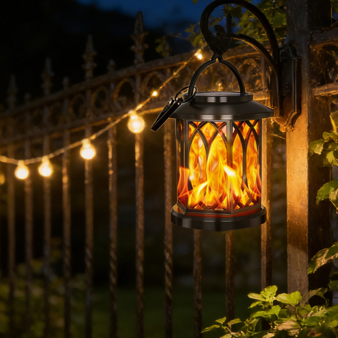 Decorative solar-powered hanging lantern for outdoor use with iron mesh frame