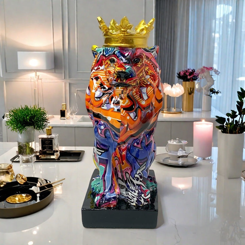 Colorful Lions Sculpture with Crown