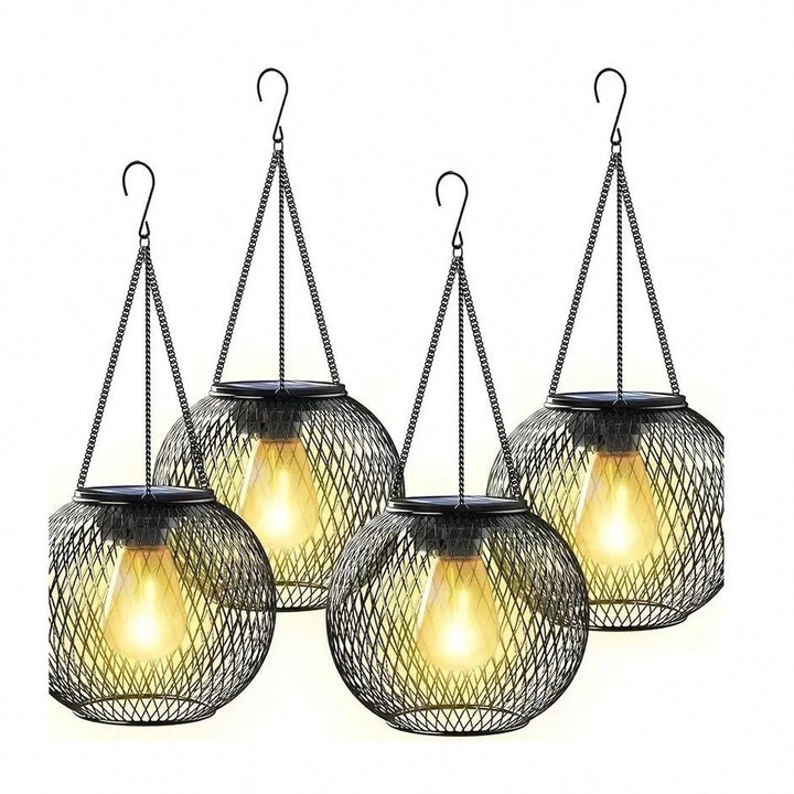 Weatherproof hanging solar LED lanterns for outdoor use with metal cage, warm glass, and hanging chain