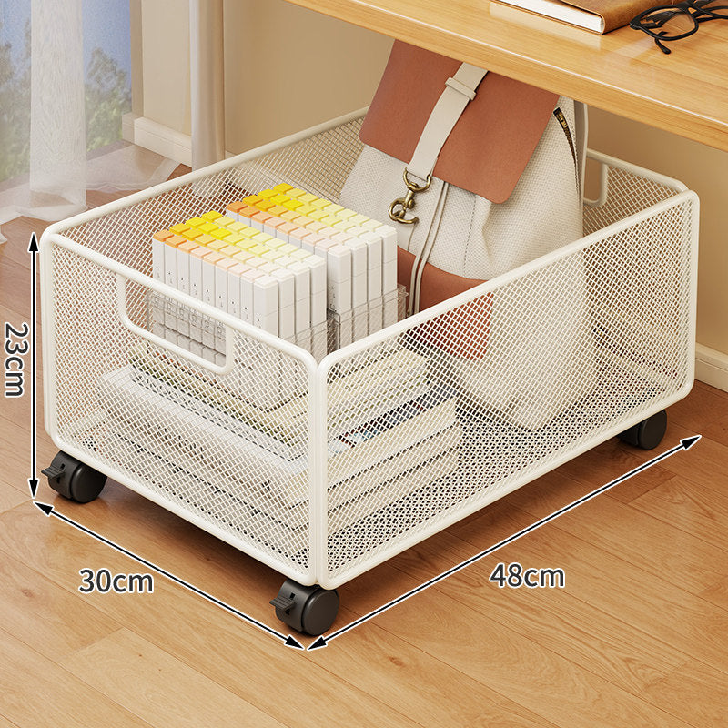 Under-Desk Mesh Rolling Storage Basket with Locking Swivel Casters and Integrated Carry Handle