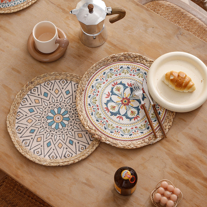 Round woven table mat made of jute with mandala cotton overlay