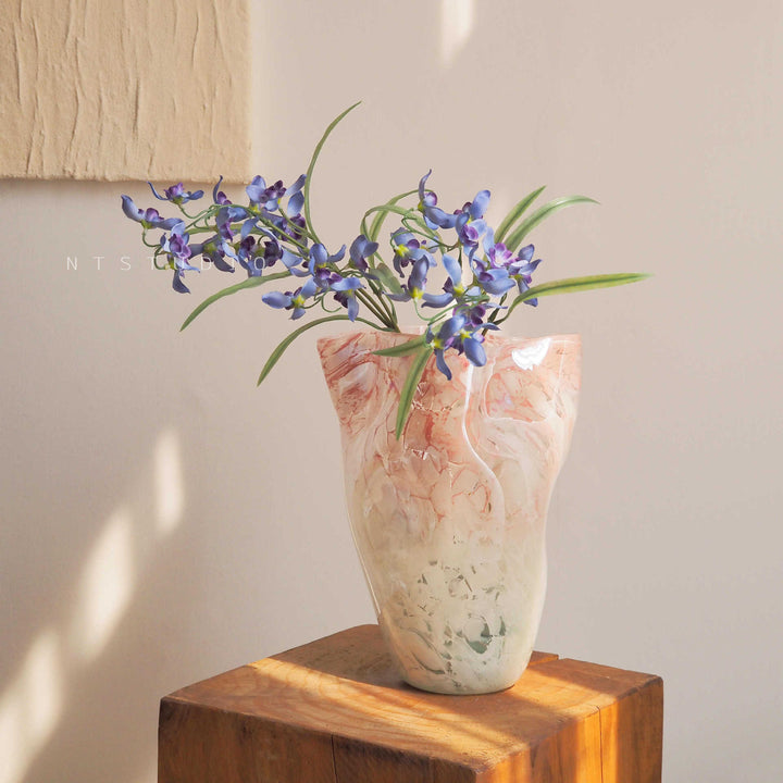 Sculptural Hand-Blown Marble-Effect Tapered Glass Vase