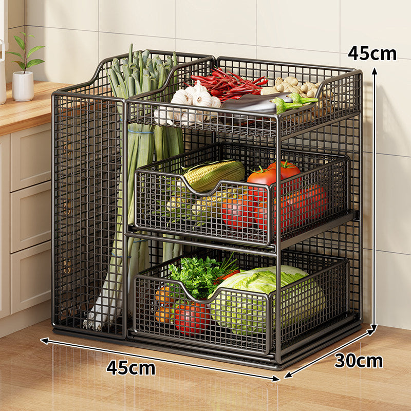 Rolling Metal Mesh Produce Storage Cart with Tall Vertical Compartment and Removable Shelves