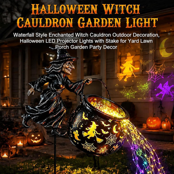 Garden decoration with illuminated witch figure