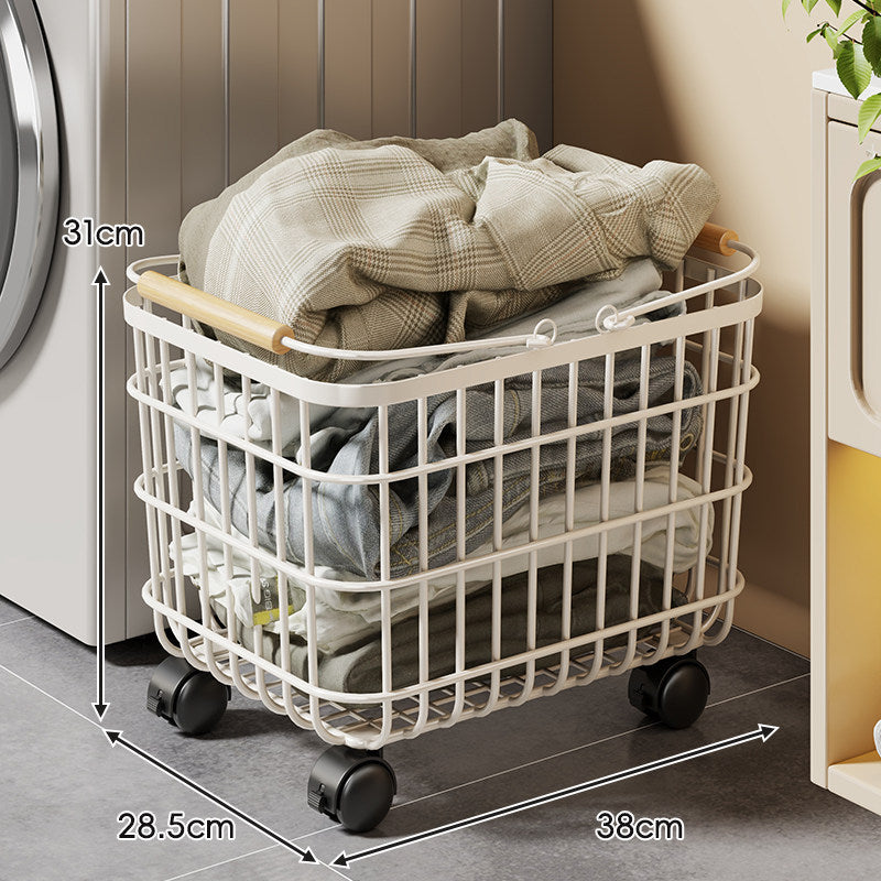Ventilated Square Wire Laundry Cart with Wood-Grip Handles and Locking Casters