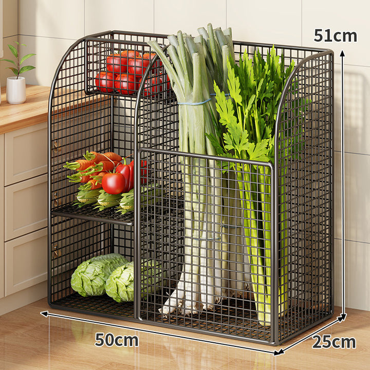Rolling Metal Mesh Produce Storage Cart with Tall Vertical Compartment and Removable Shelves