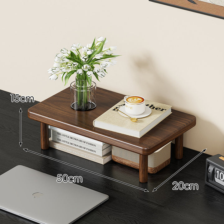 Compact Solid Wood Elevated Desk Display Stand with Under-Shelf Storage and Rounded Leg Design