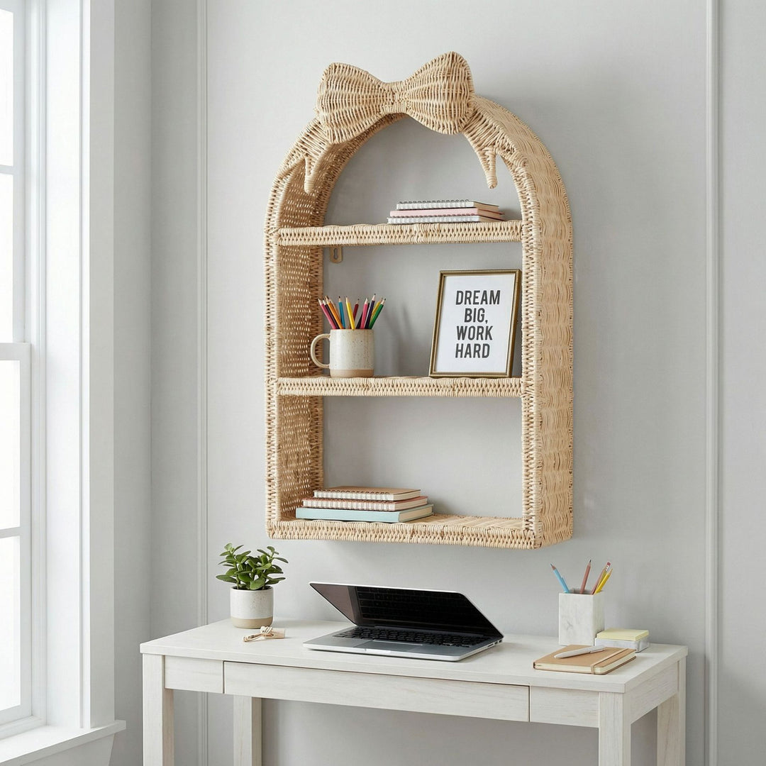 Basket shelf with bow motif