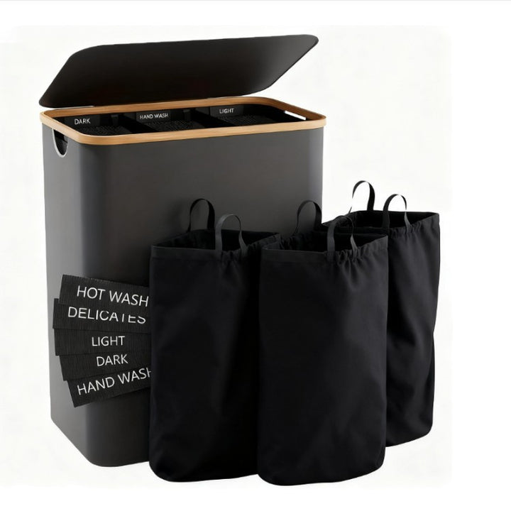 Laundry separation system with three compartments and removable inner pockets