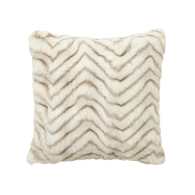 Rectangular faux fur decorative cushion with chevron relief and removable cover