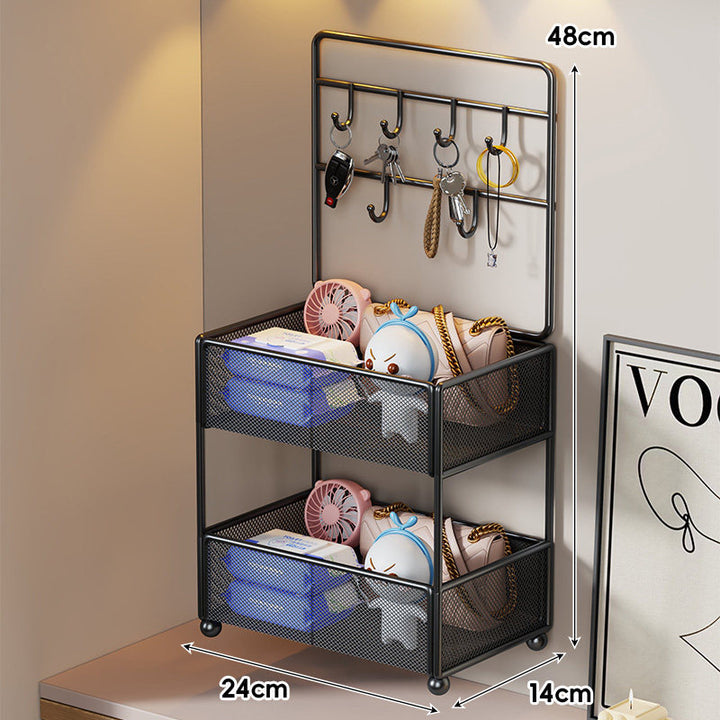 Mesh Two-Tier Entryway Organizer with Key Hooks and Deep Mesh Baskets