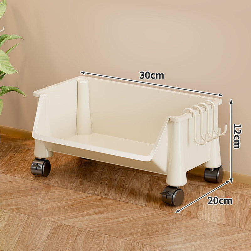 Slim Vertical Four-Bin Rolling Storage Tower with Deep Angled Bins and Side Hook