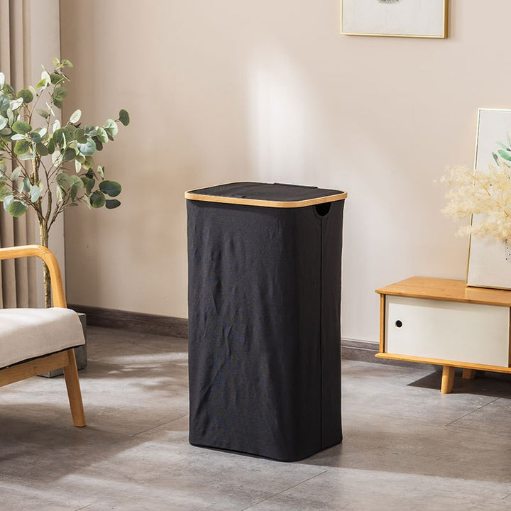 Laundry basket with removable lid and bamboo frame