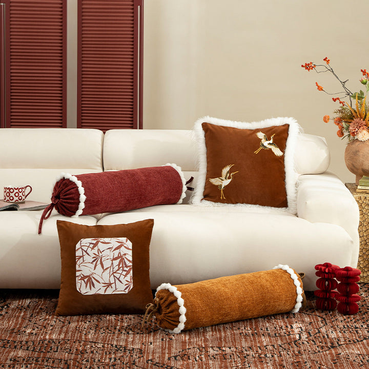 Luxurious embroidered satin pillowcase with art fur trim and crane motif