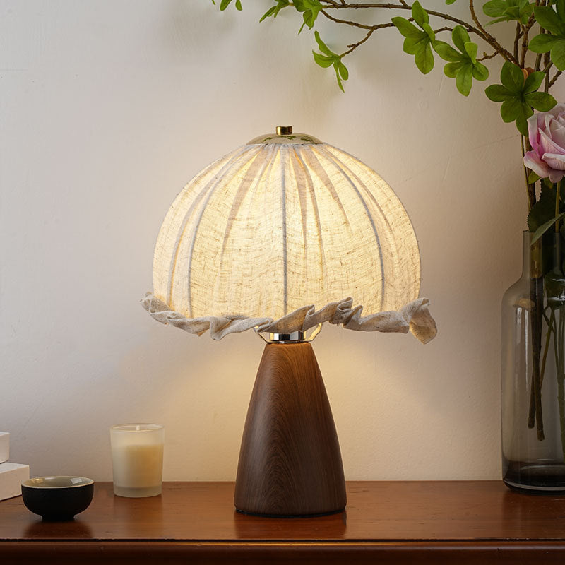 Handmade linen ruffle table lamp with walnut pyramid base