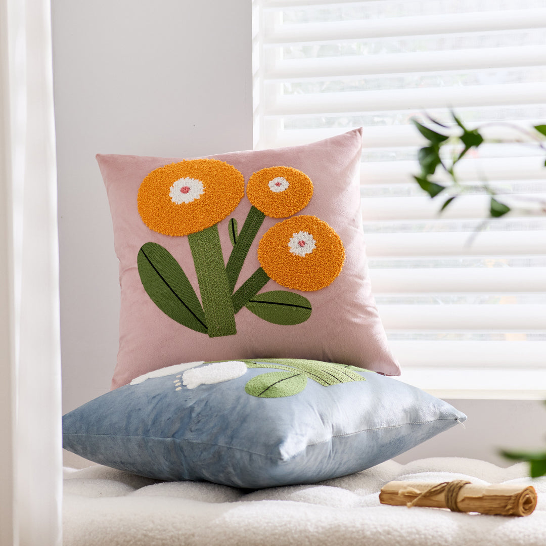 Square Velvet Tufted Floral Chenille Appliqué Accent Pillow Cover