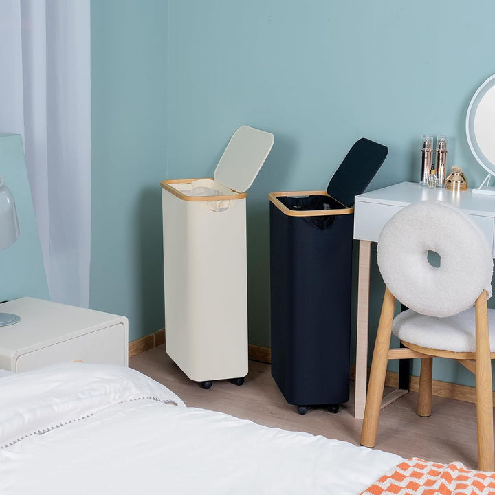 High-quality laundry container with bamboo lid and practical carrying handle