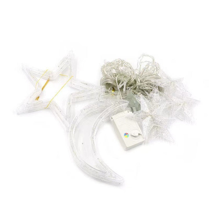 Hanging star and crescent moon LED curtain string lights for bedroom ambiance