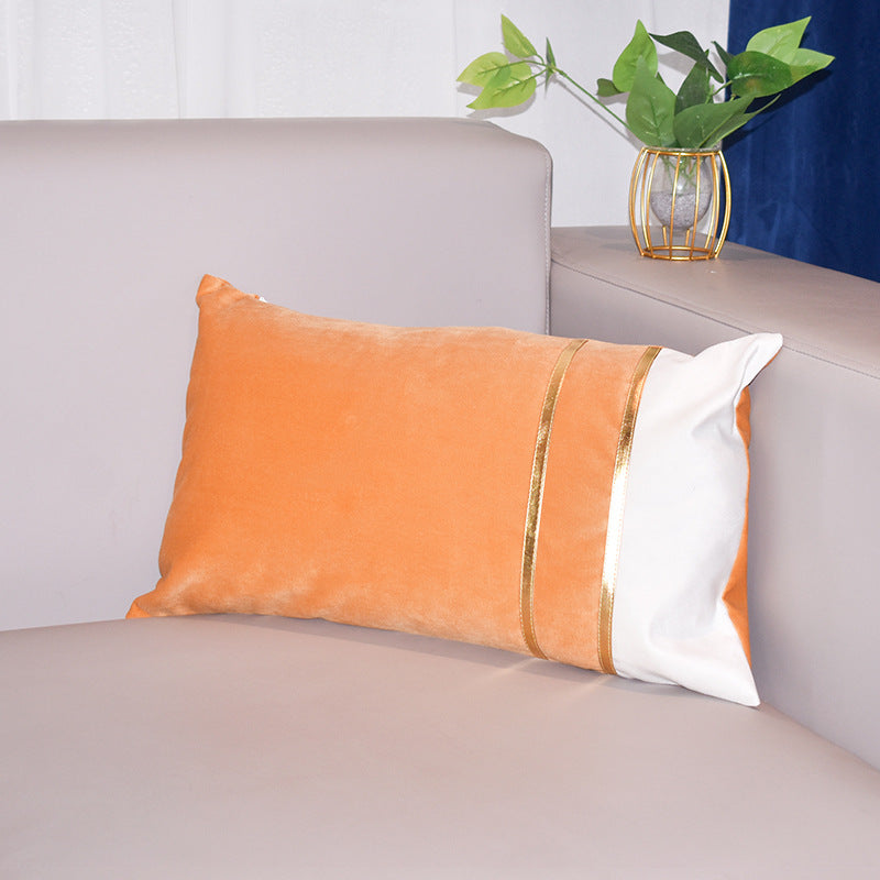 Rectangular Velvet-Blend Lumbar Cushion Cover with Dual Metallic Gold Bands