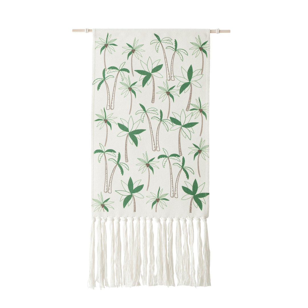 Woven wall hanging with floral jacquard structure and long fringes