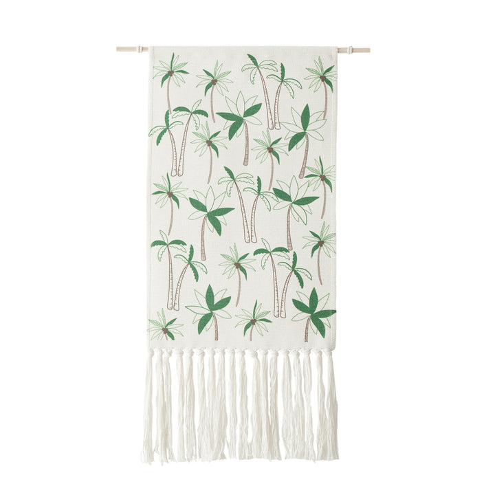 Woven wall hanging with floral jacquard structure and long fringes