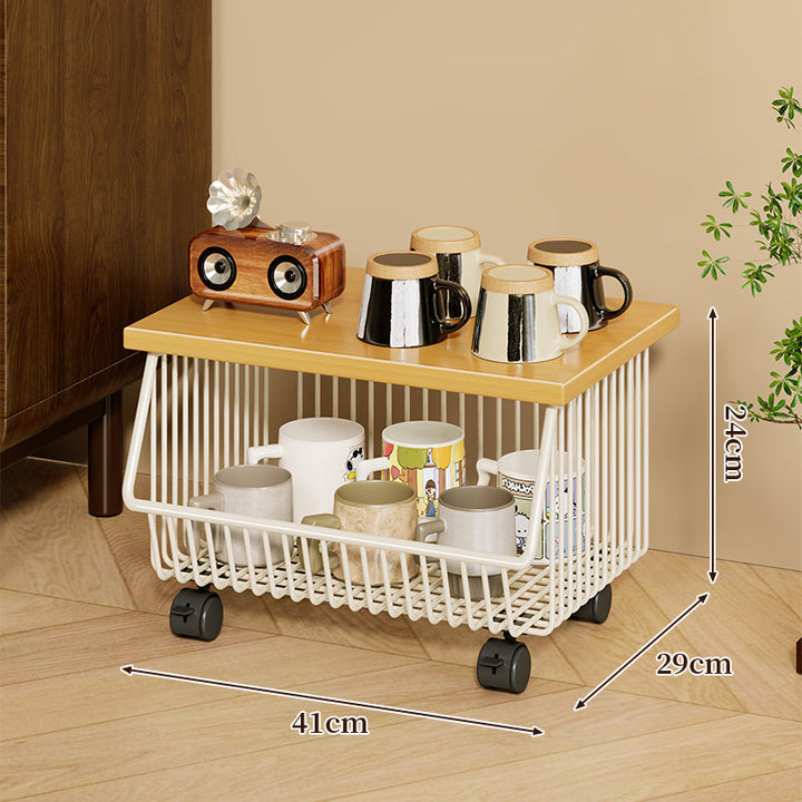 Four-Tier Industrial Wire Basket Cart with Wood Top and Swivel Locking Casters