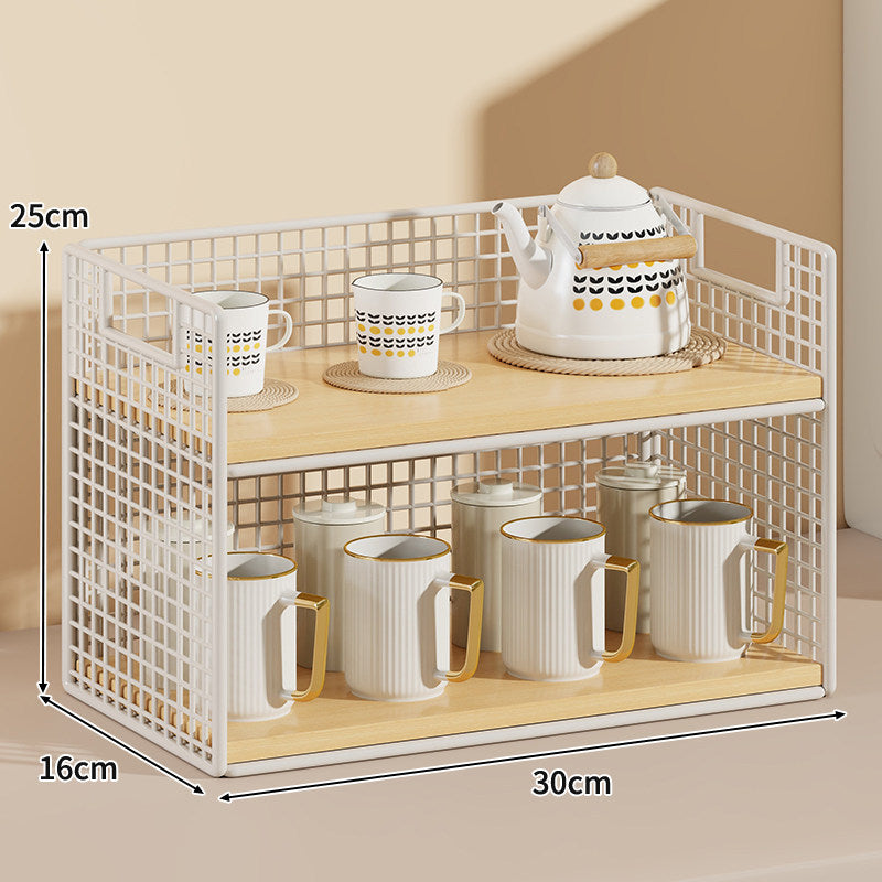 Three-Tier Wire Grid Countertop Display Shelf with Faux-Wood Removable Trays