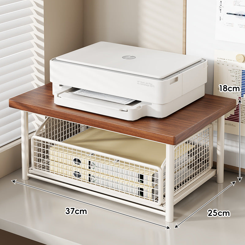 Adjustable Desktop Printer Stand with Wooden Top and Metal Mesh Storage Drawer